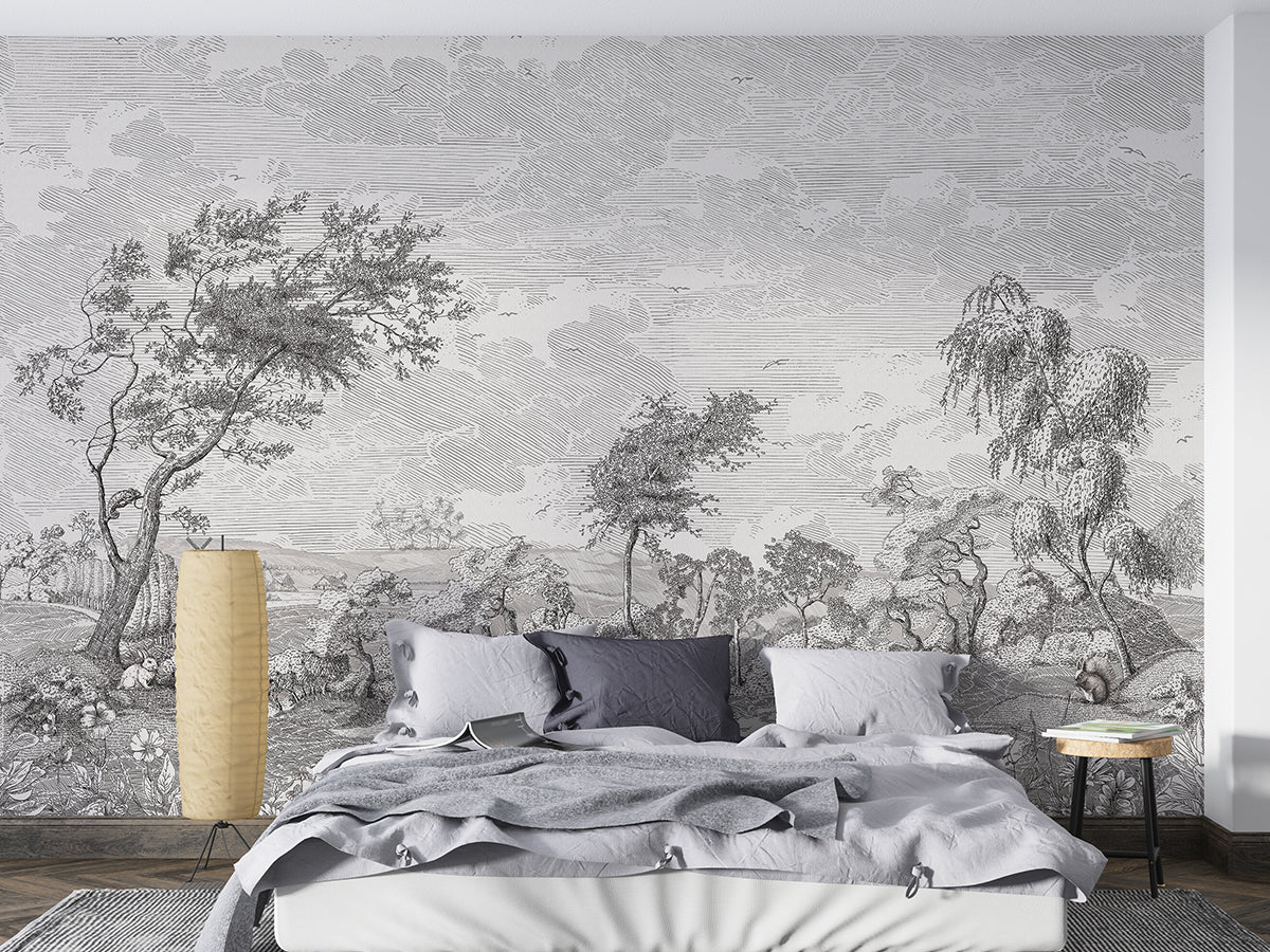 Vintage Susuno Jungle Gray Wallpaper Mural bedroom view, grey vintage pastoral landscape wall mural for accent wall