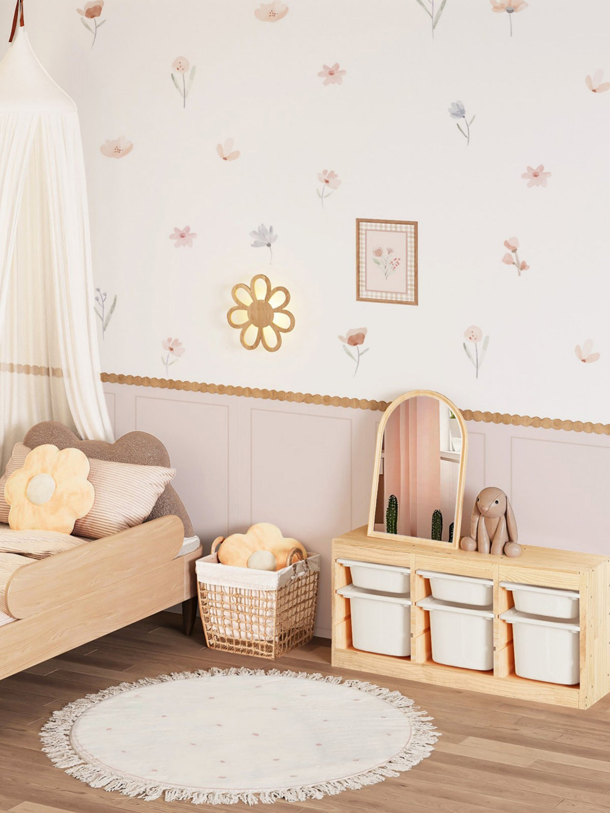 Peel and Stick Girl's Room Decals Pink Wall Border Decals Scalloped Trim Floral Wall Stickers for Nursery