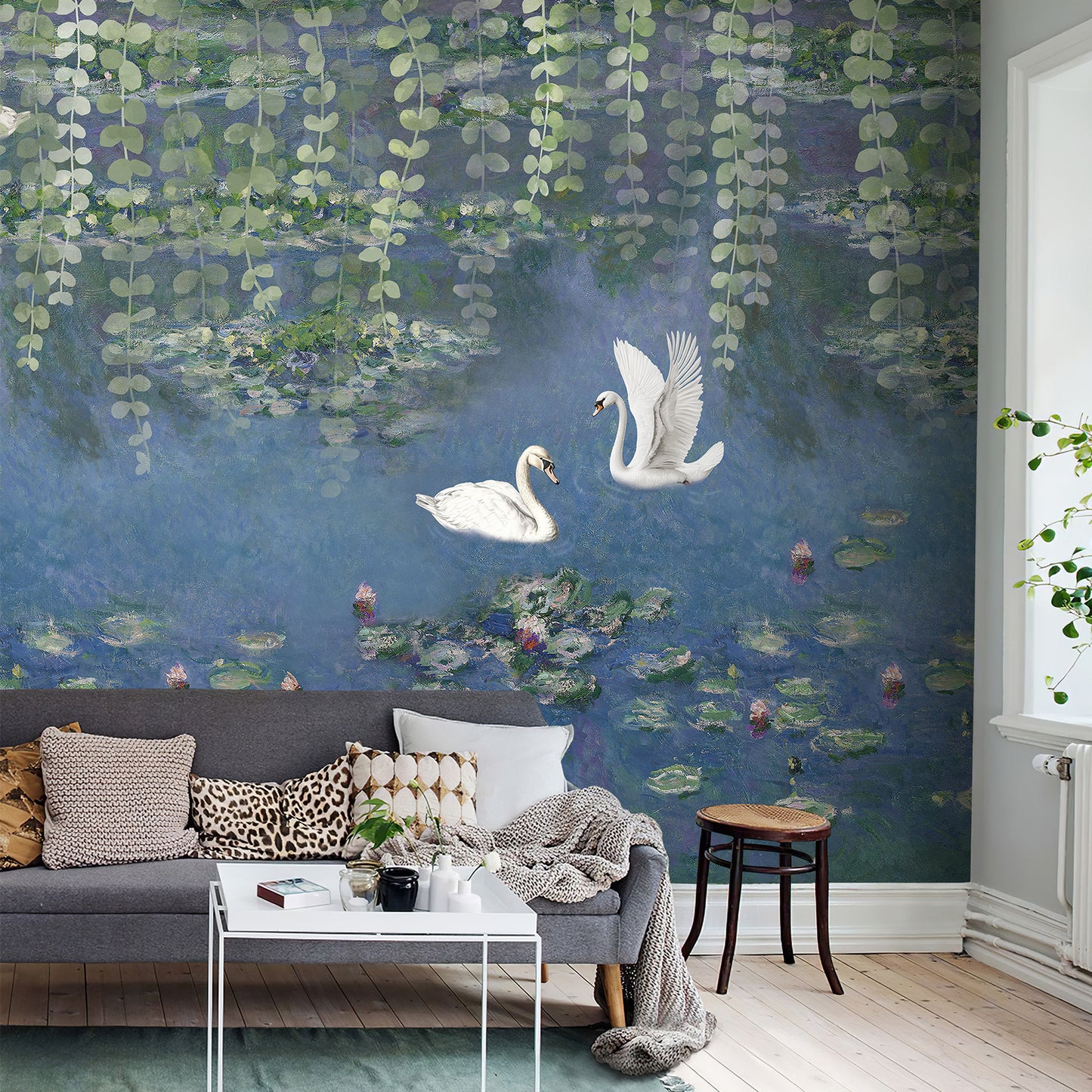 Animal Swan in a Water Lily Pond Wallpaper Mural