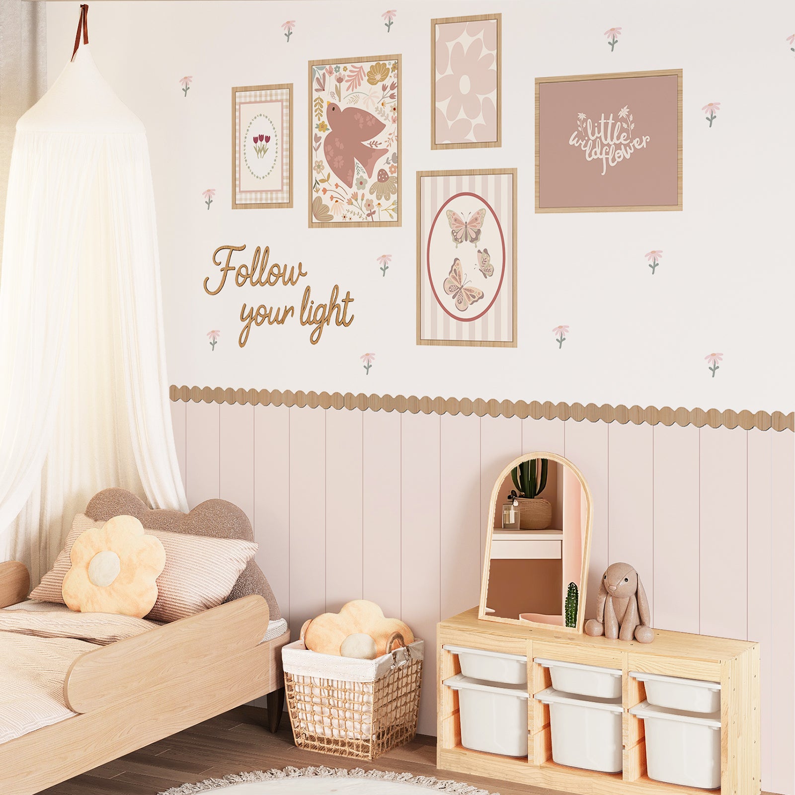 Peel & Stick Wall Panel Decals – Blush Wainscoting Look + Scalloped Border Trim Removable