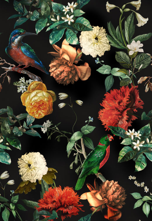 Floral Black Floral Bird Wallpaper Mural