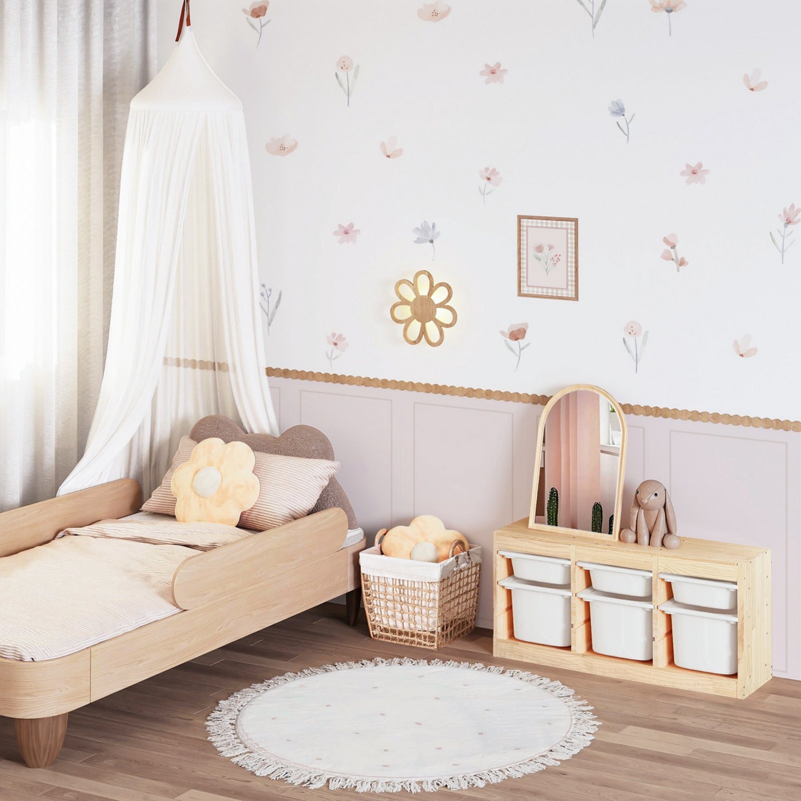 Peel and Stick Girl's Room Decals Pink Wall Border Decals Scalloped Trim Floral Wall Stickers for Nursery