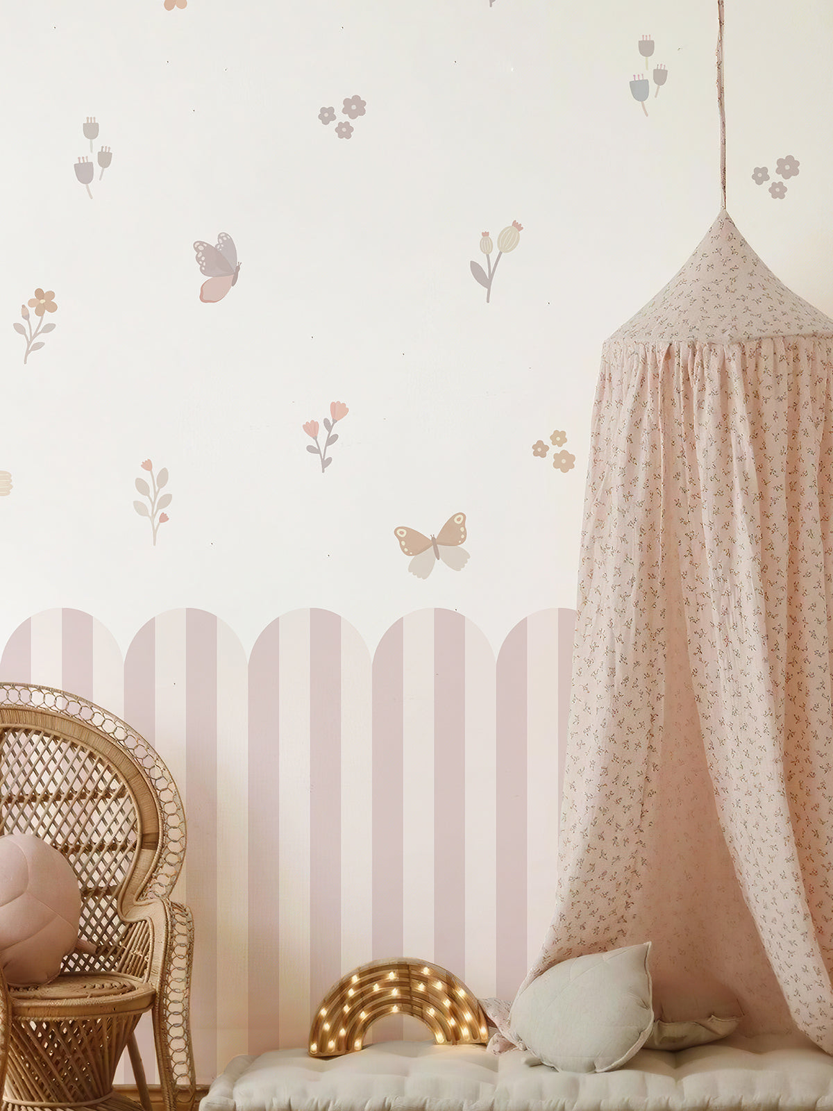 Children's Room Blush Scallop Fence Peel and Stick Wall Decals Set Butterfly & Floral Wall Stickers