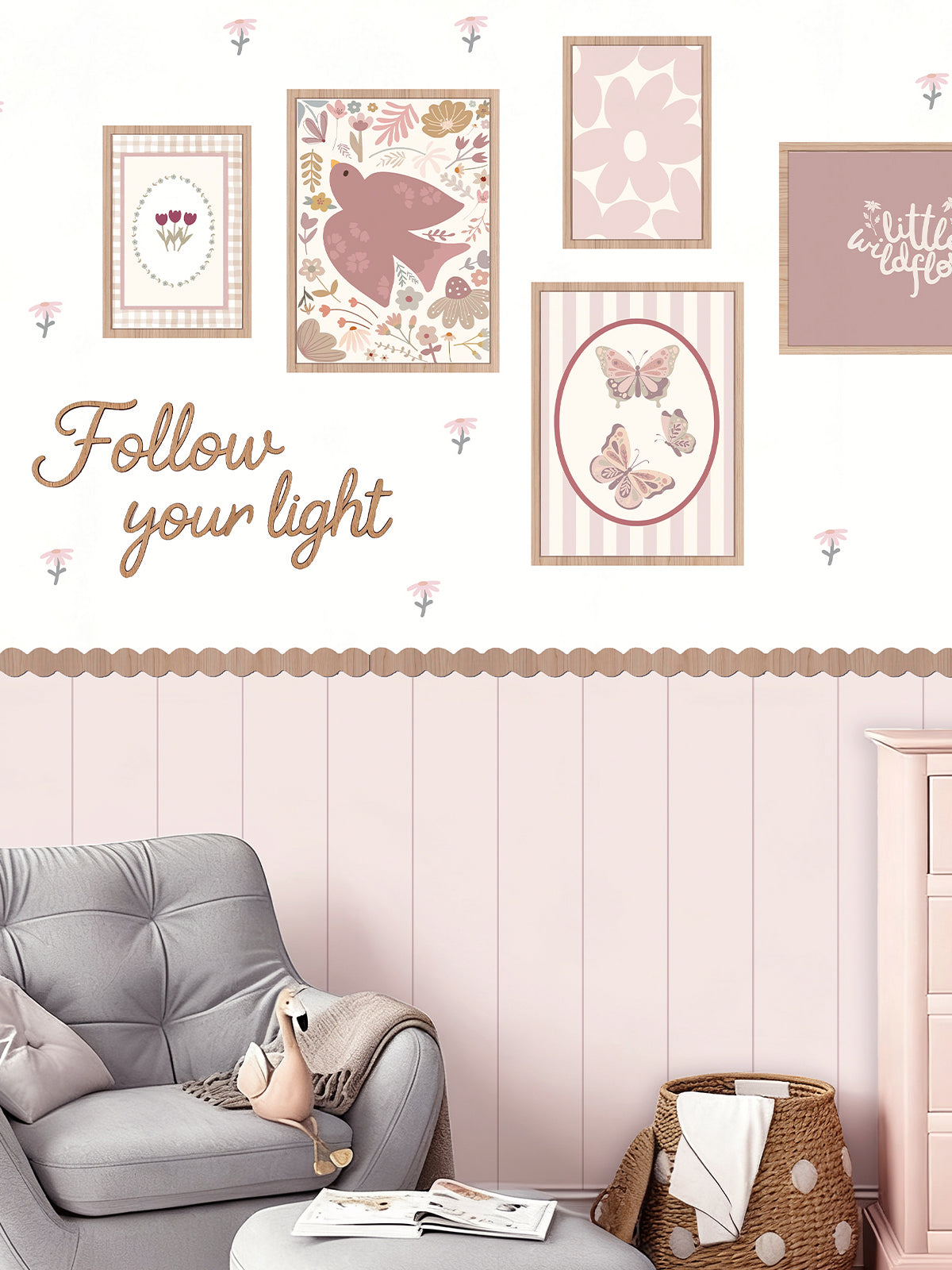 Pink Peel and Stick Wall Panel Set with Wooden Frames Wooden Letters and Floral Decals for Girls Room