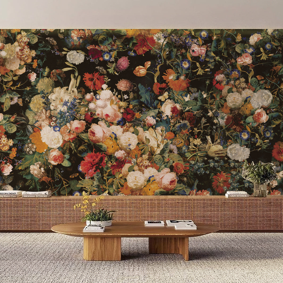 Colorful botanical wallpaper mural behind a woven bench and wooden coffee table