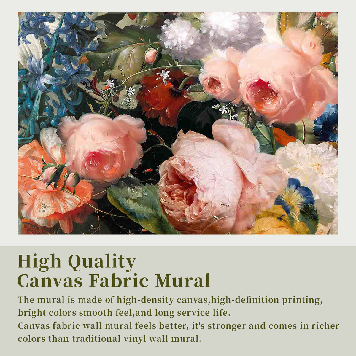 High density canvas fabric floral wall mural with detailed botanical printing texture