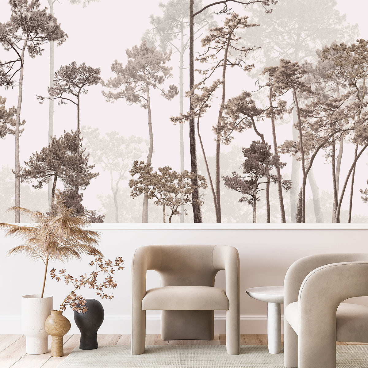 Neutral woodland wall mural in a modern organic living room