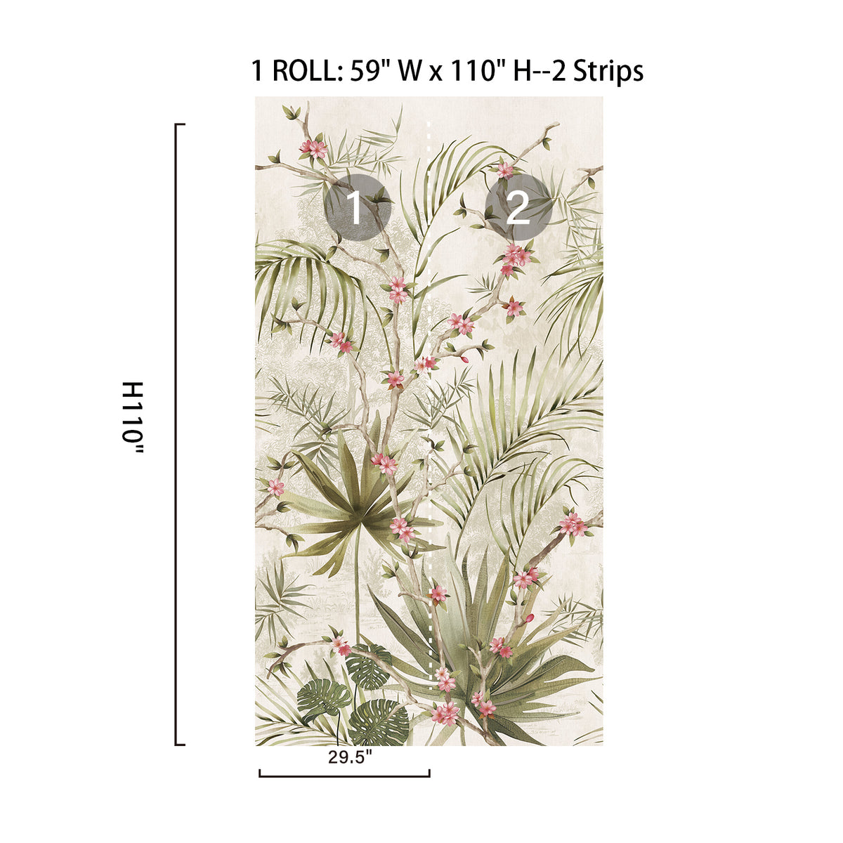 Palm Blossom botanical mural panel size guide showing two matching wall mural strips