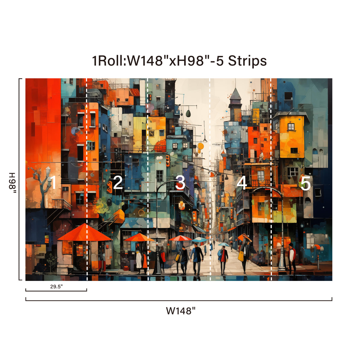 148 by 98 inch abstract cityscape wall mural with five panels