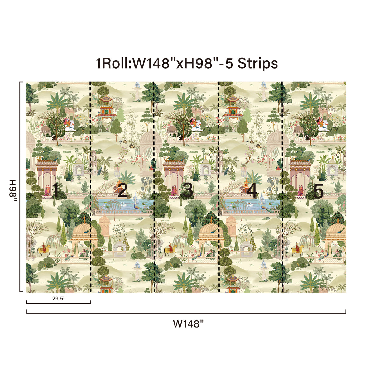 148 x 98 inch Mughal garden scenic mural with five installation panels
