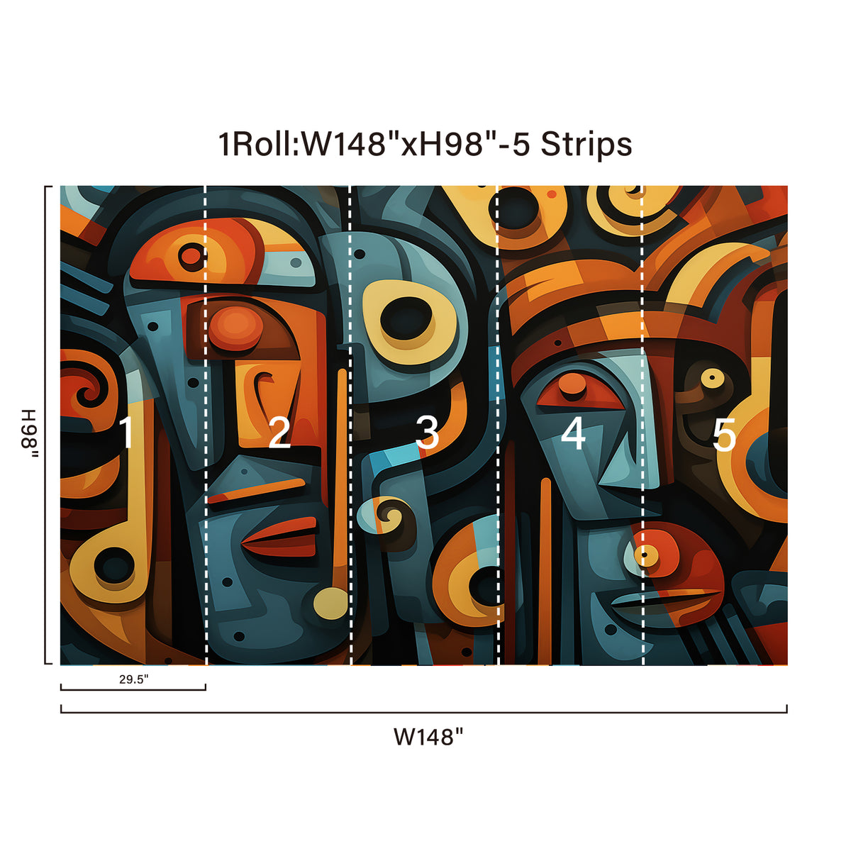 148 x 98 inch abstract geometric faces wall mural with five panels