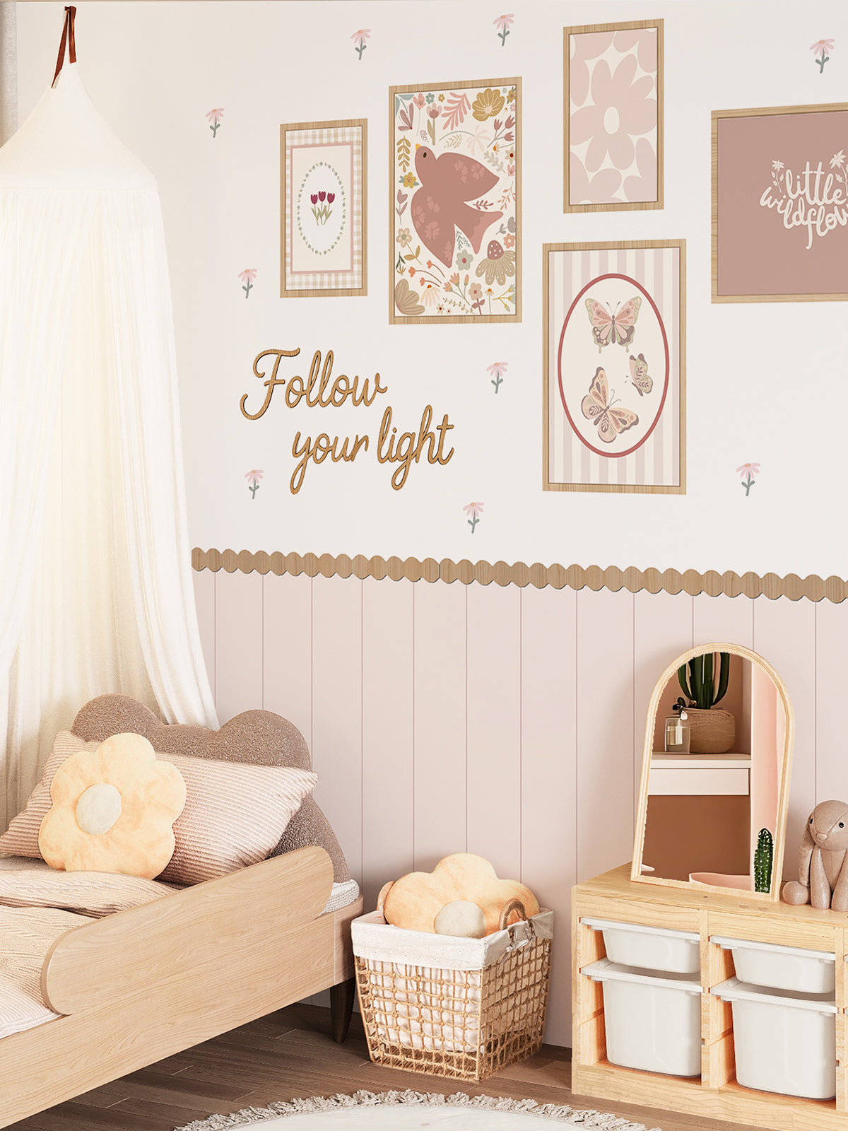 Pink Peel and Stick Wall Panel Set with Wooden Frames Wooden Letters and Floral Decals for Girls Room