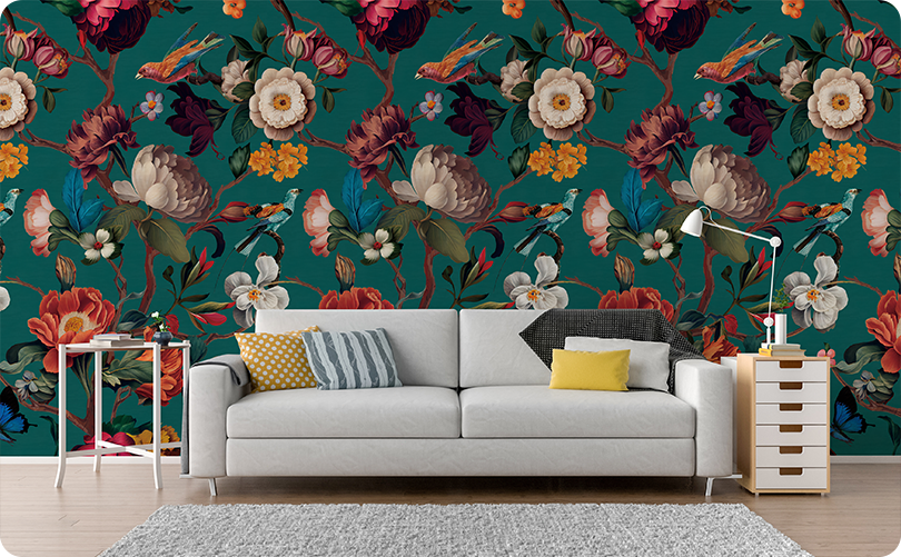 Fixed size：Vintage Blue Floral Bird Wall Murals Peel and Stick Large Canvas