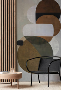 Abstract Fractal Dream peel and stick wall mural in cozy reading corner with wooden slat panel, black armchair and light wood side table