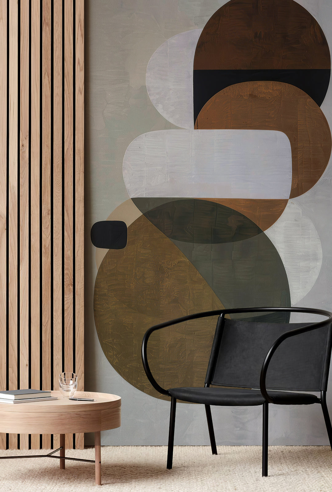 Abstract Fractal Dream peel and stick wall mural in cozy reading corner with wooden slat panel, black armchair and light wood side table
