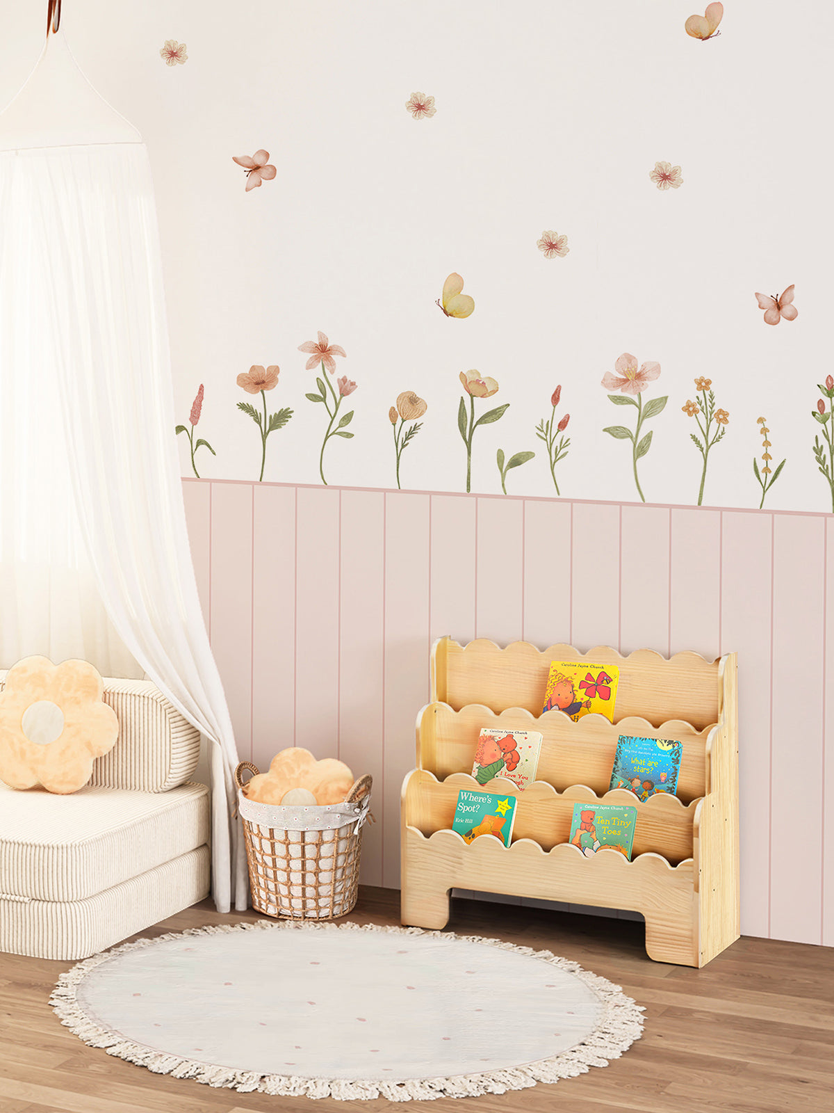 Children's Room Blush Pink Peel & Stick Wainscoting Sticker Kit Watercolor Wildflower Butterfly Wall Decals