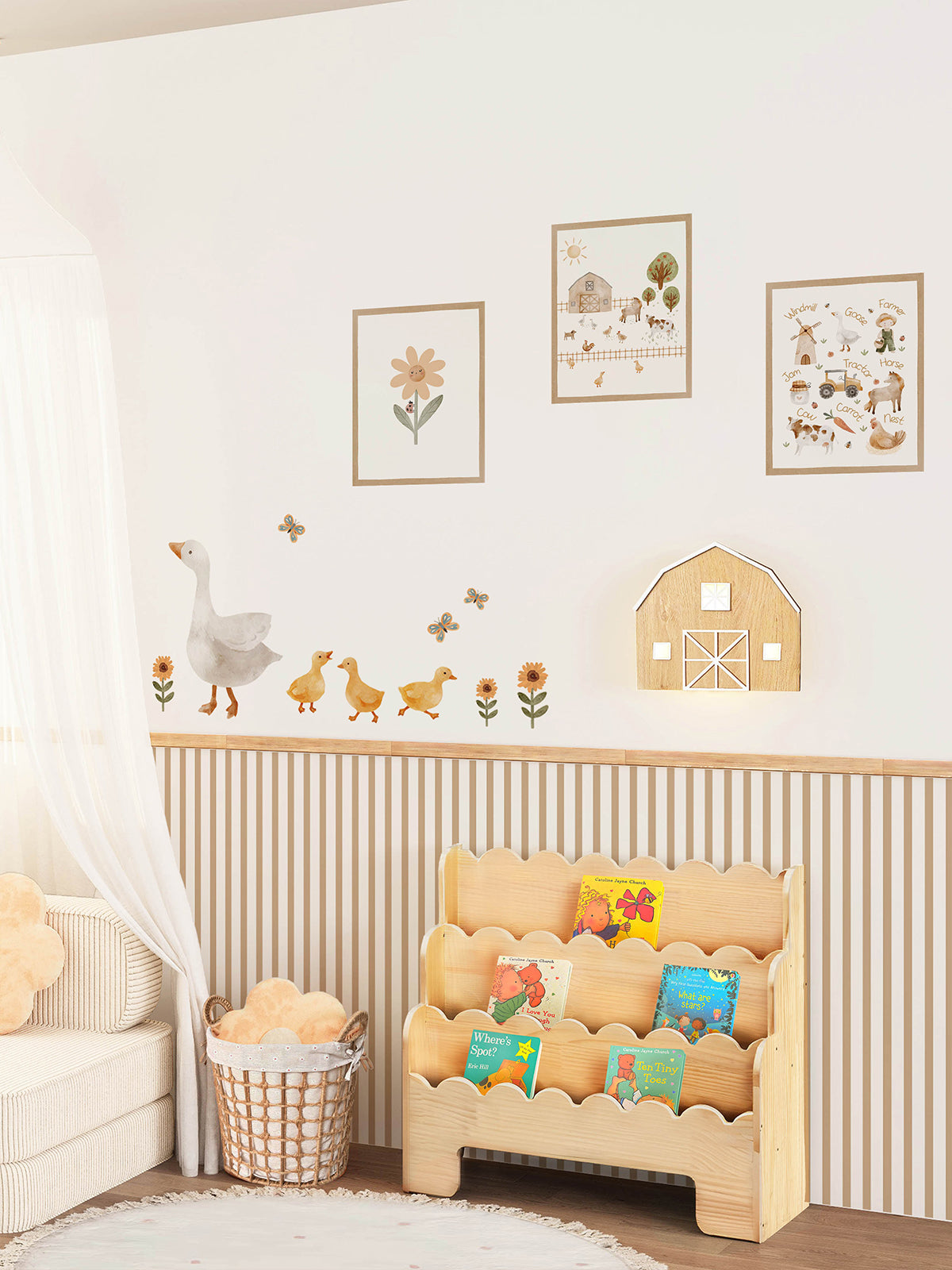 Children's room Farm Goose Wall Decal Set with Striped Wall Panels Peel & Stick Nursery Decor