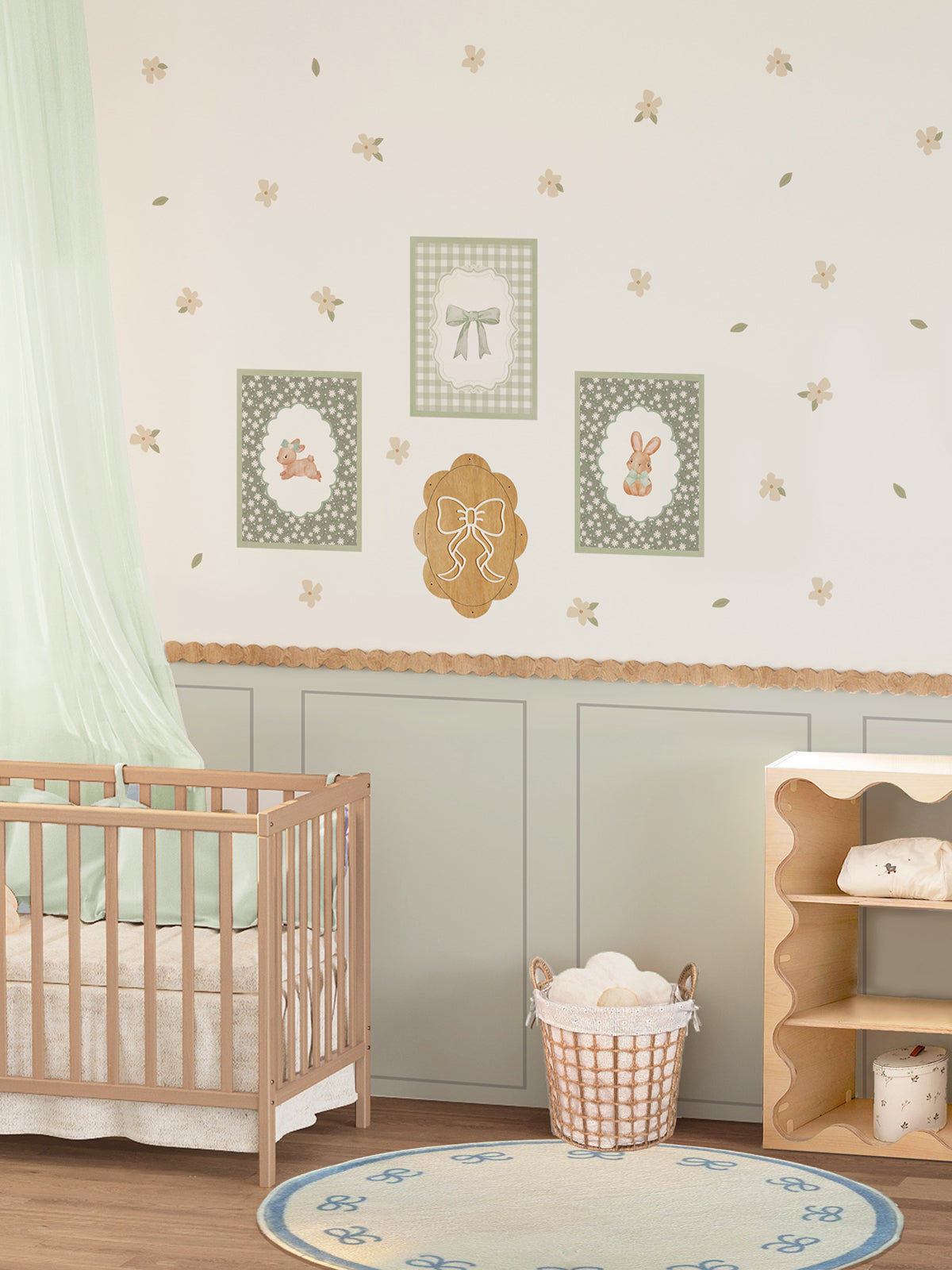 Sage Green Wall Panel and Floral Decal Set with Wooden Frames and Wavy Trim