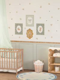 Sage Green Wall Panel and Floral Decal Set with Wooden Frames and Wavy Trim