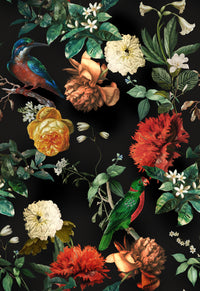 Floral Black Floral Bird Wallpaper Mural