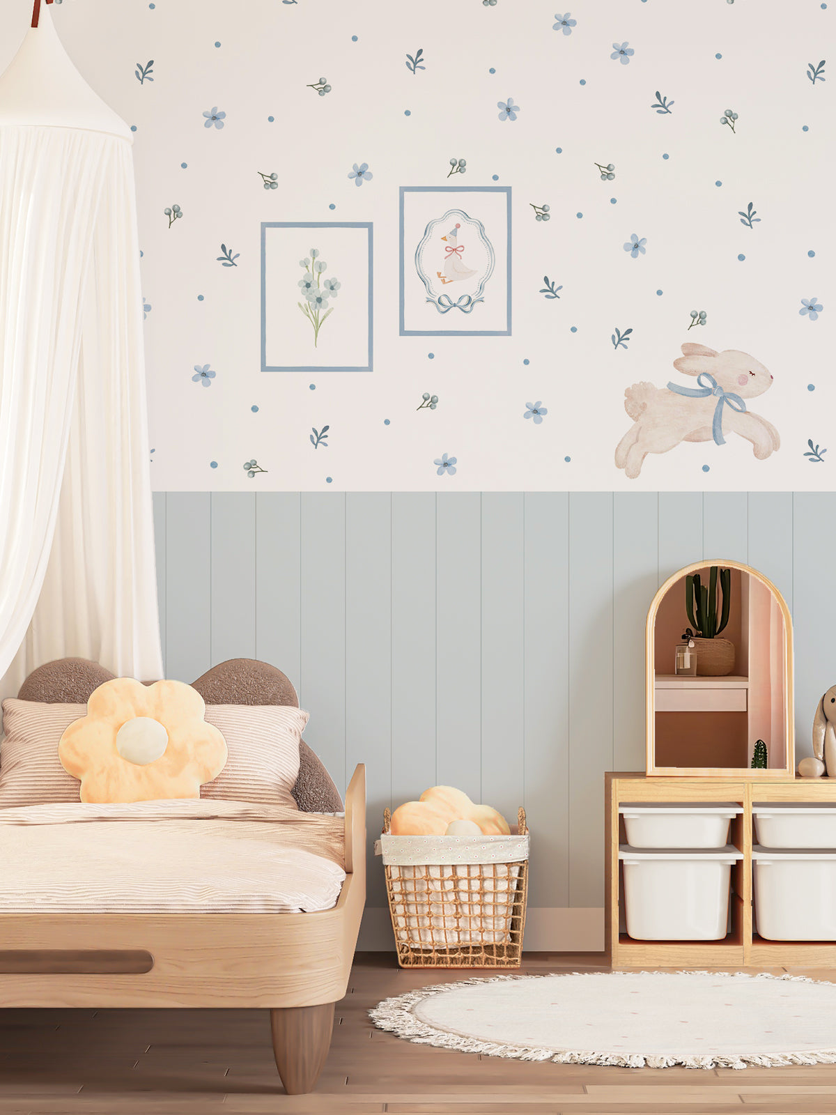 Blue Floral Bunny Nursery Wall Decals with Wainscoting Panels