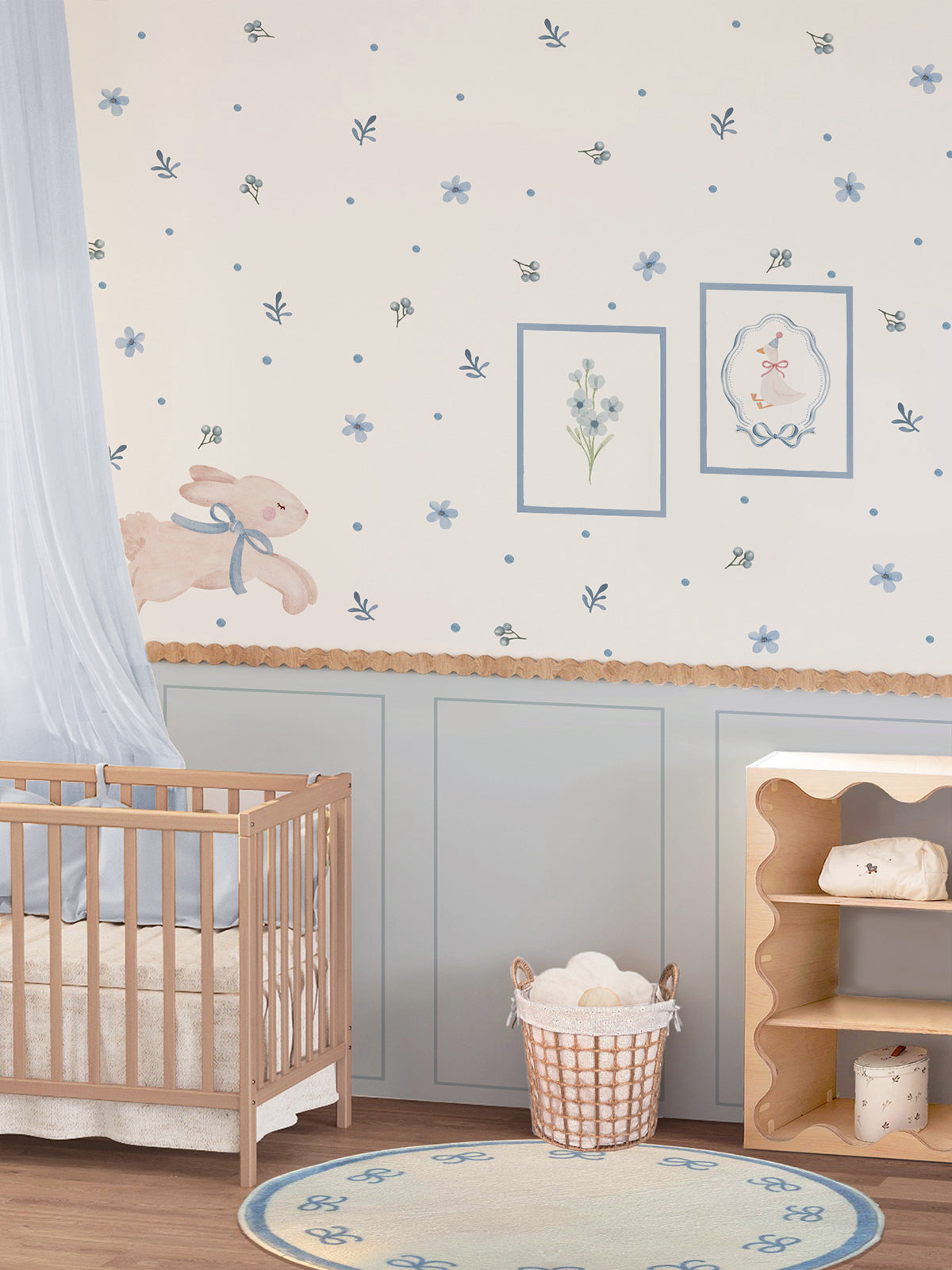 Blue Bunny Peel and Stick Wall Panel Decal Set with Floral Wall Stickers Wooden Frames and Wavy Trim for Nursery Baby Room
