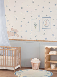 Blue Bunny Peel and Stick Wall Panel Decal Set with Floral Wall Stickers Wooden Frames and Wavy Trim for Nursery Baby Room