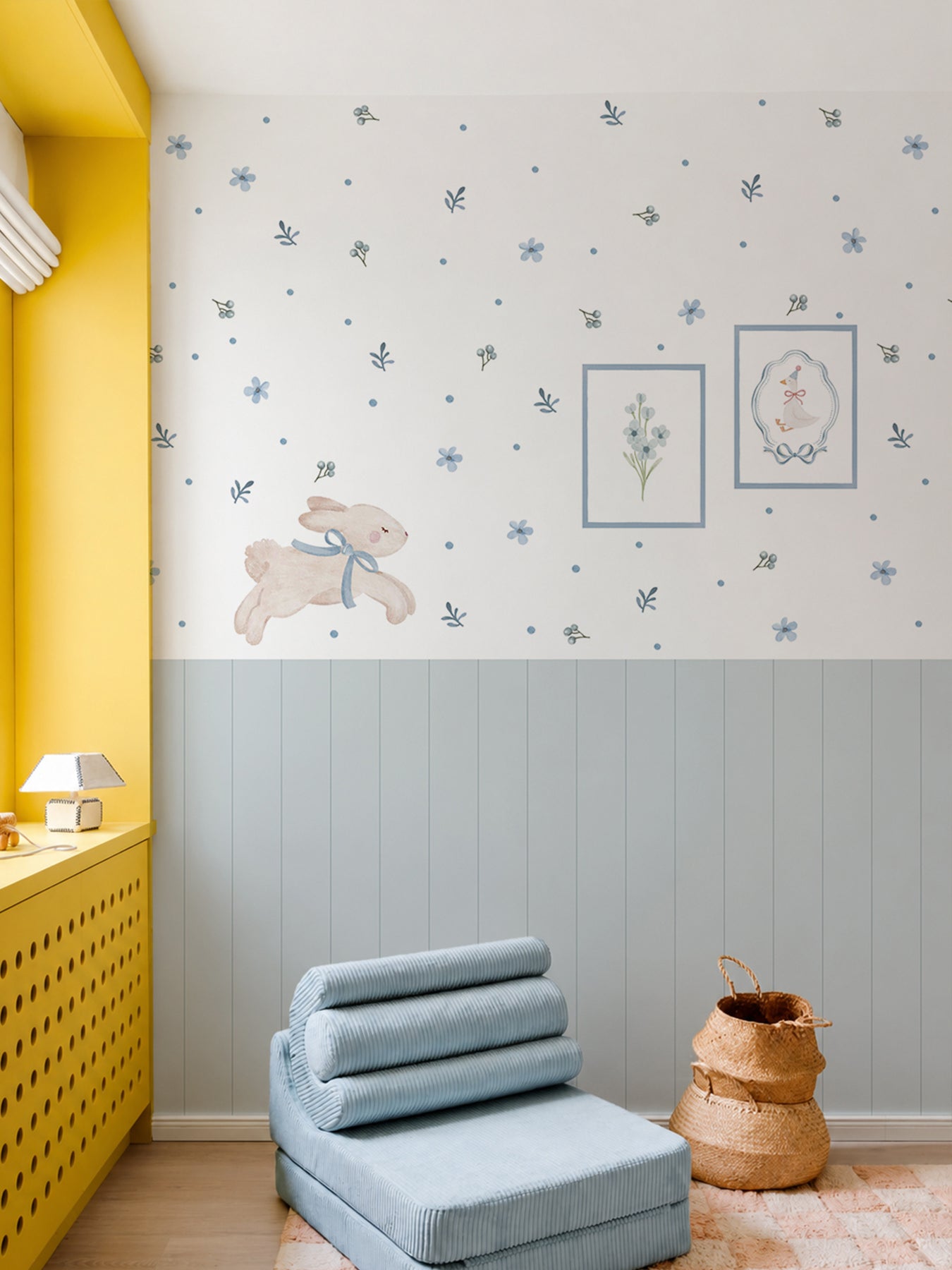 Blue Floral Bunny Nursery Wall Decals with Wainscoting Panels