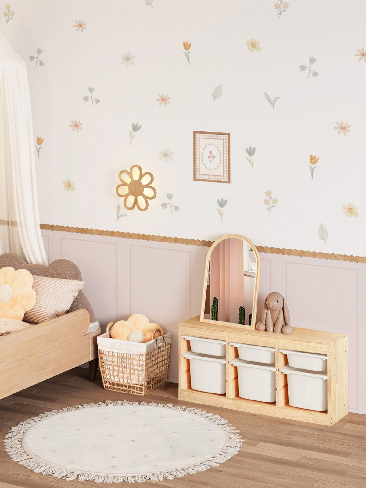 Peel and Stick Wall Border Decals Scalloped Trim Floral Wall Decals for Nursery & Girls Room