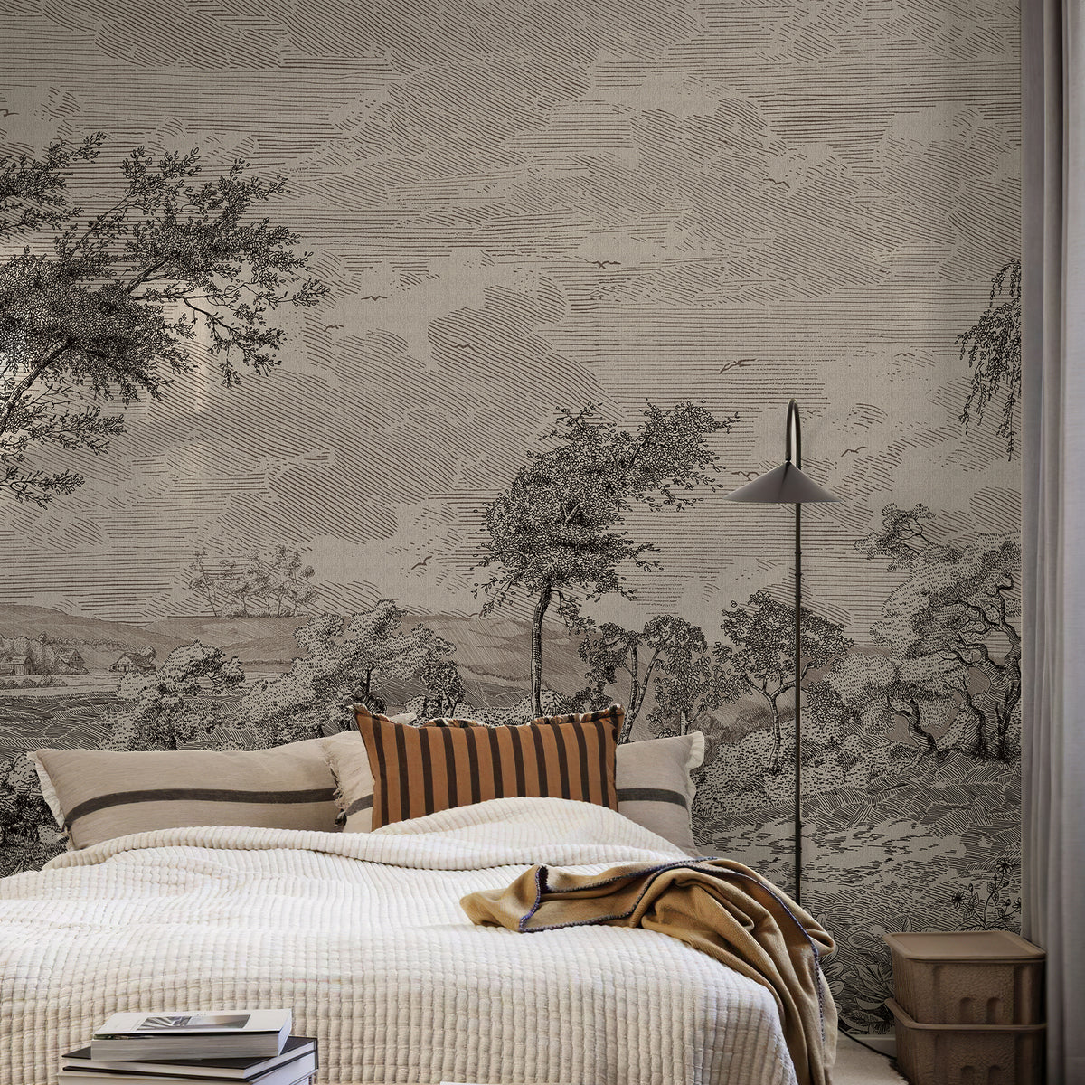 Vintage Susuno Jungle Gray Wallpaper Mural bedroom view, grey vintage pastoral landscape wall mural for accent wall