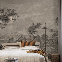Vintage Susuno Jungle Gray Wallpaper Mural bedroom view, grey vintage pastoral landscape wall mural for accent wall
