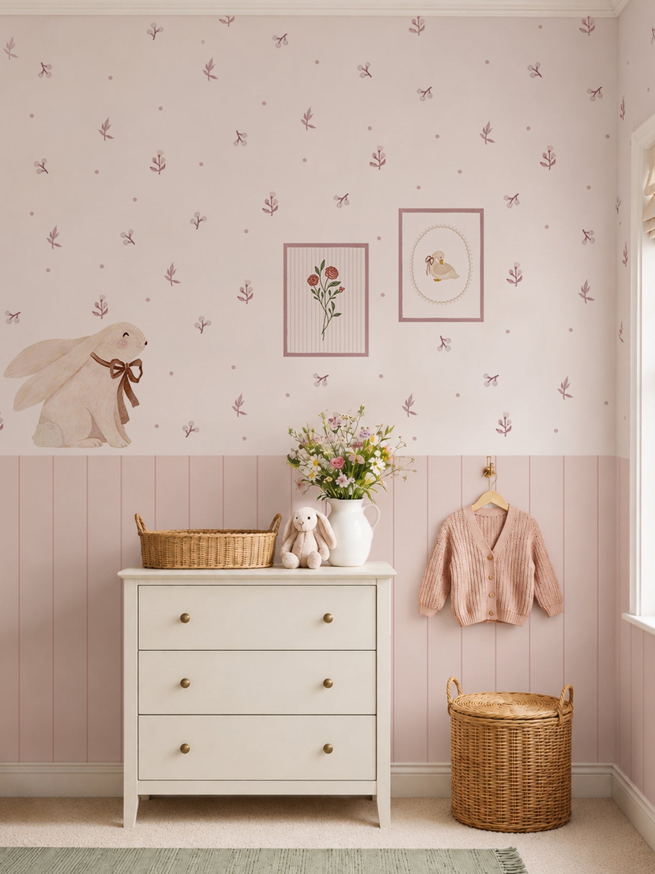 Bloom Light Pink Floral Nursery Wall Decals with Wainscoting Panels