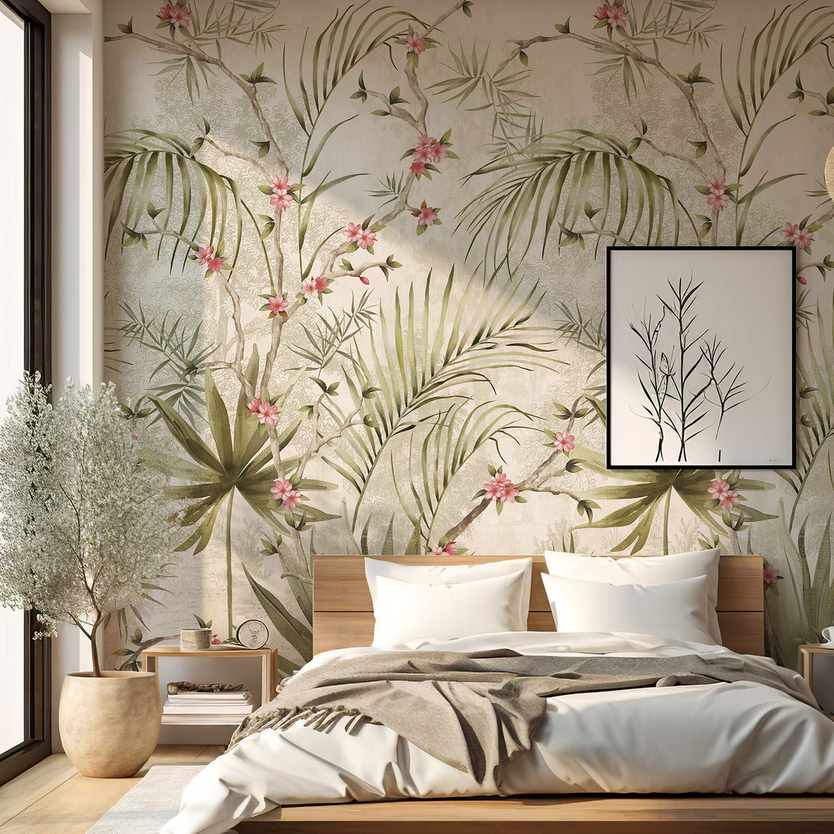 Palm Blossom botanical wall mural with tropical leaves and pink flowers in a modern bedroom