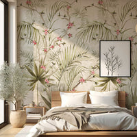 Palm Blossom botanical wall mural with tropical leaves and pink flowers in a modern bedroom