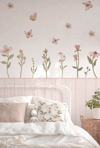 Children's Room Blush Pink Peel & Stick Wainscoting Sticker Kit Watercolor Wildflower Butterfly Wall Decals