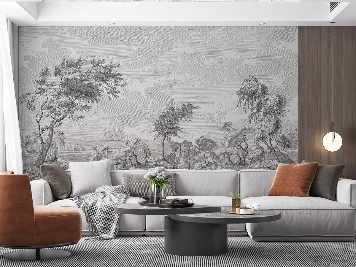 Vintage Susuno Jungle Gray Wallpaper Mural living room accent wall, antique engraving forest landscape wall mural