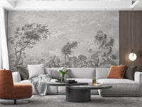 Vintage Susuno Jungle Gray Wallpaper Mural living room accent wall, antique engraving forest landscape wall mural