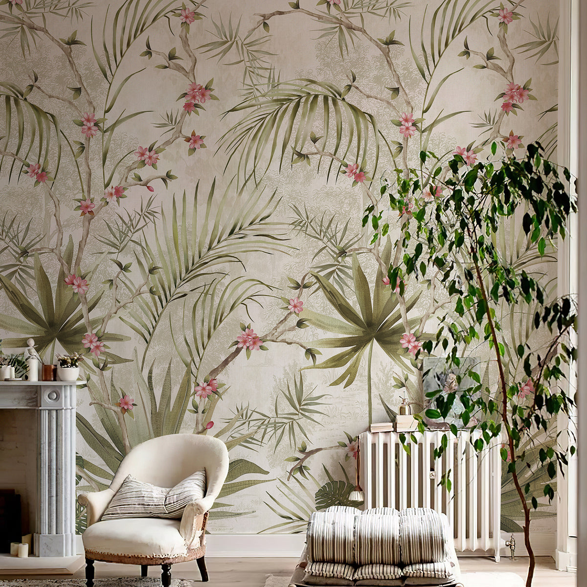 Large botanical palm blossom wall mural in a vintage-inspired living room interior