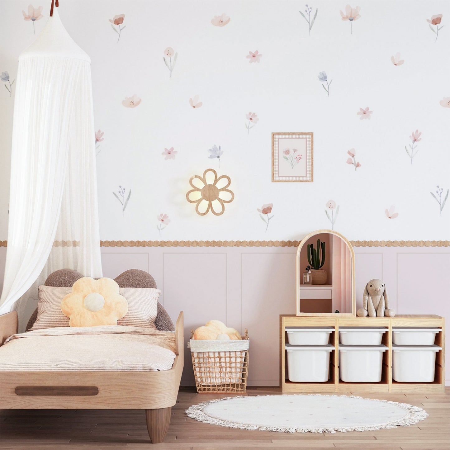 Peel and Stick Girl's Room Decals Pink Wall Border Decals Scalloped Trim Floral Wall Stickers for Nursery