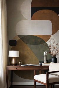 Abstract Fractal Dream removable wall mural as study backdrop, wooden desk with table lamp and neutral fabric chair