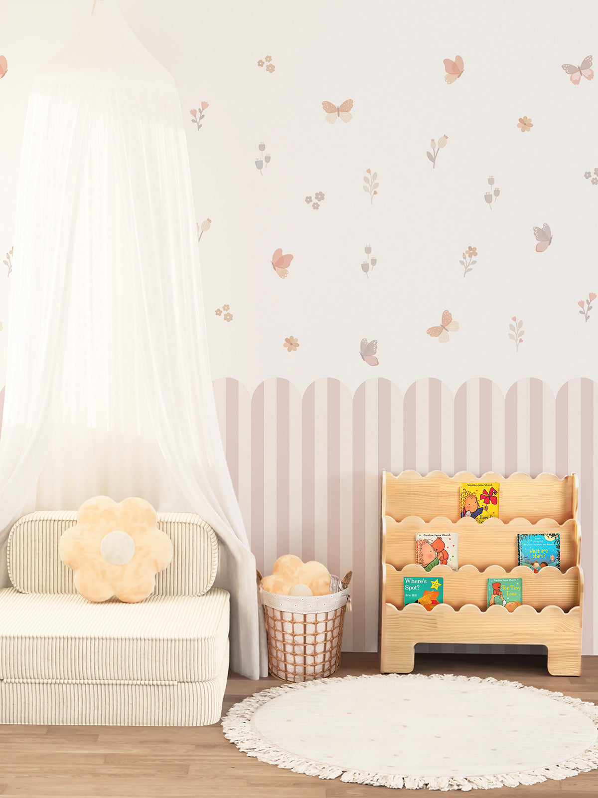Children's Room Blush Scallop Fence Peel and Stick Wall Decals Set Butterfly & Floral Wall Stickers