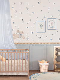 Blue Bunny Peel and Stick Wall Panel Decal Set with Floral Wall Stickers Wooden Frames and Wavy Trim for Nursery Baby Room