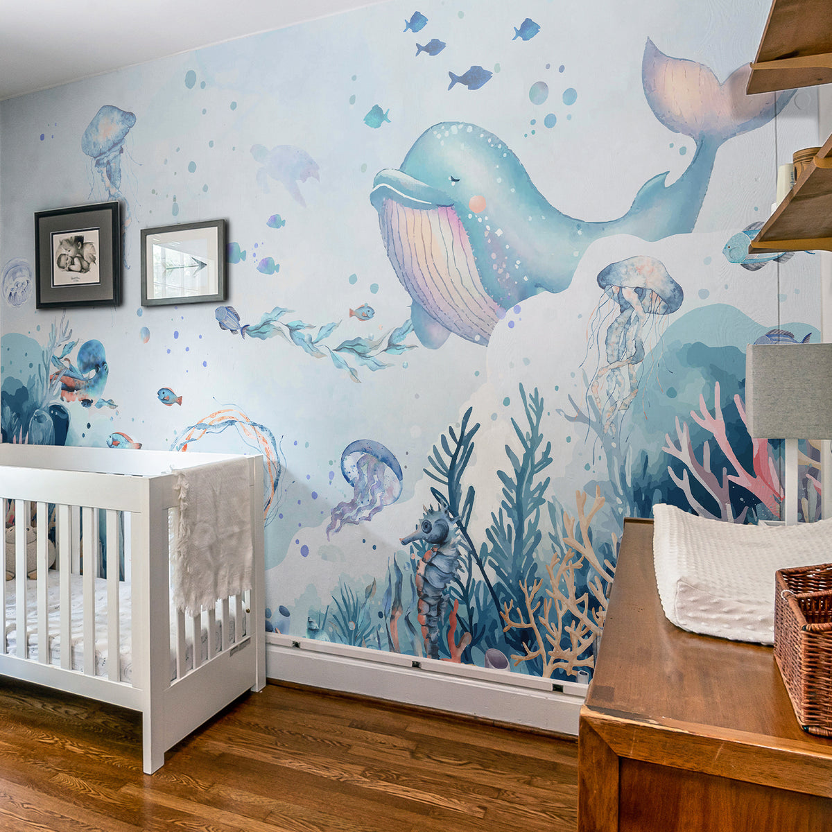 Fixed size：Watercolor Underwater Whale Kids Wallpaper Mural