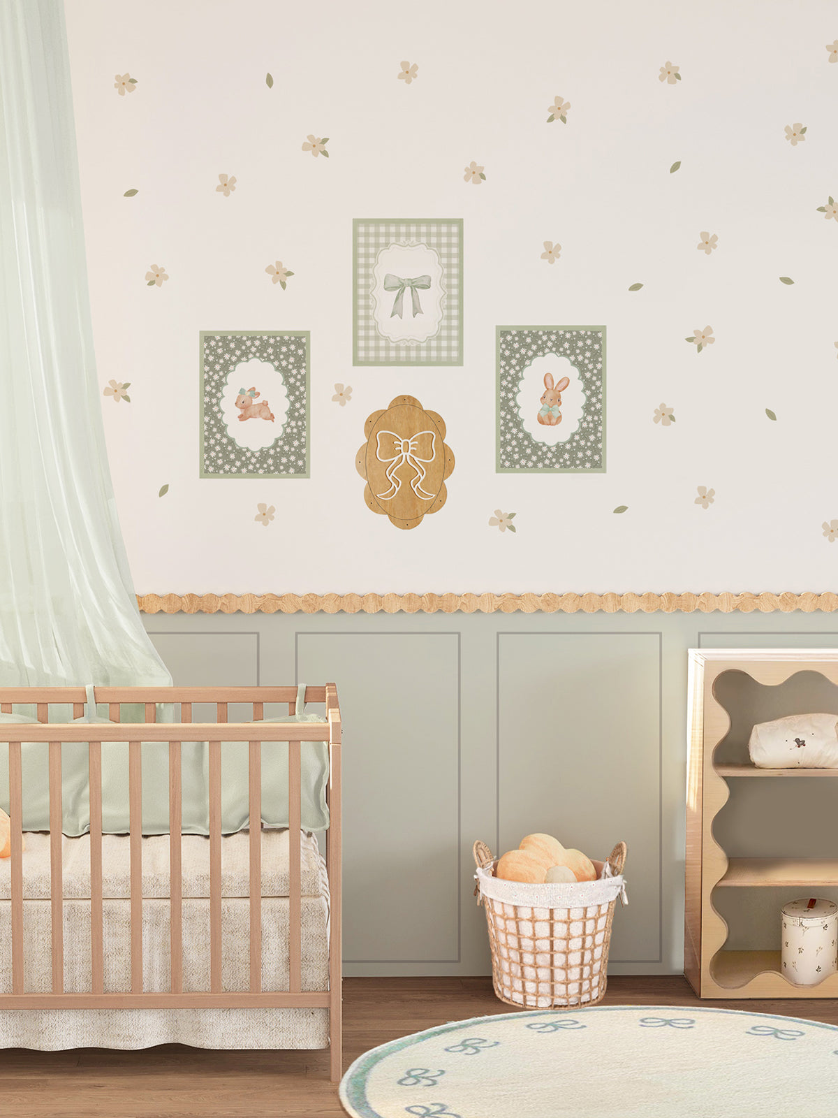 Sage Green Wall Panel and Floral Decal Set with Wooden Frames and Wavy Trim