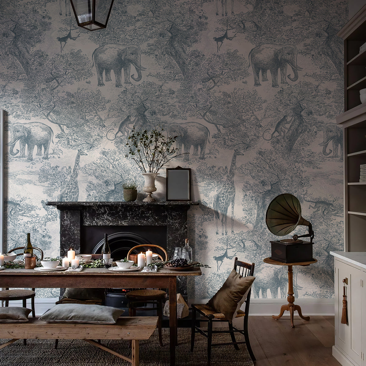 Fixed size：Animal Deep In The Jungle Blue Wallpaper Mural