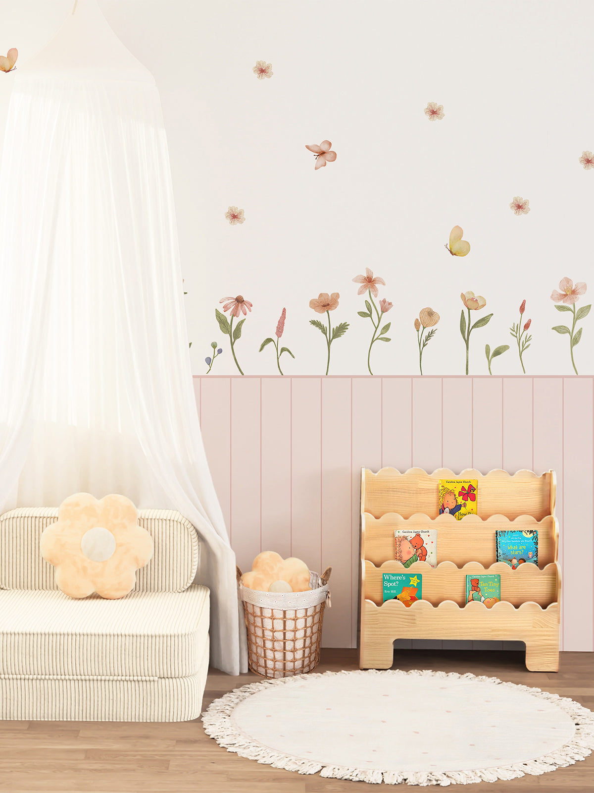 Children's Room Blush Pink Peel & Stick Wainscoting Sticker Kit Watercolor Wildflower Butterfly Wall Decals