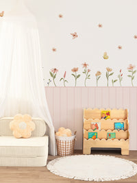 Children's Room Blush Pink Peel & Stick Wainscoting Sticker Kit Watercolor Wildflower Butterfly Wall Decals