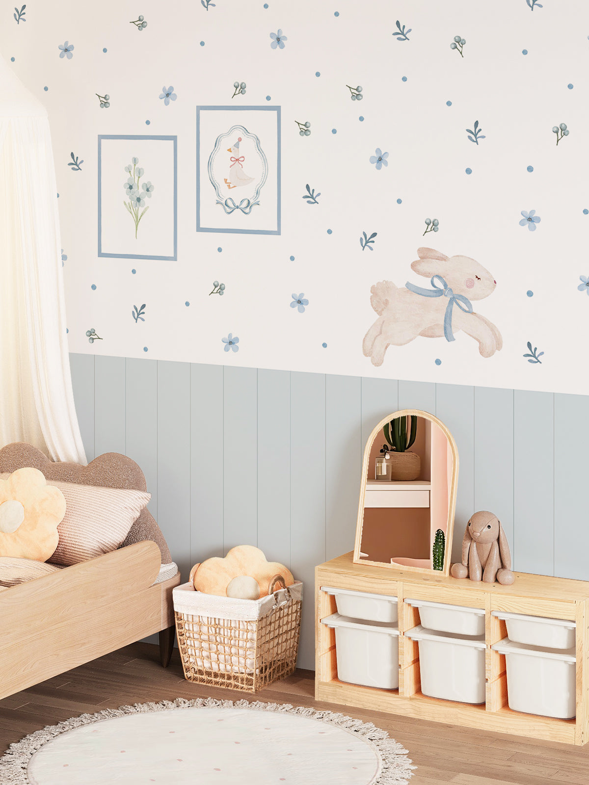 Blue Floral Bunny Nursery Wall Decals with Wainscoting Panels