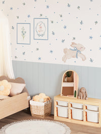 Blue Floral Bunny Nursery Wall Decals with Wainscoting Panels