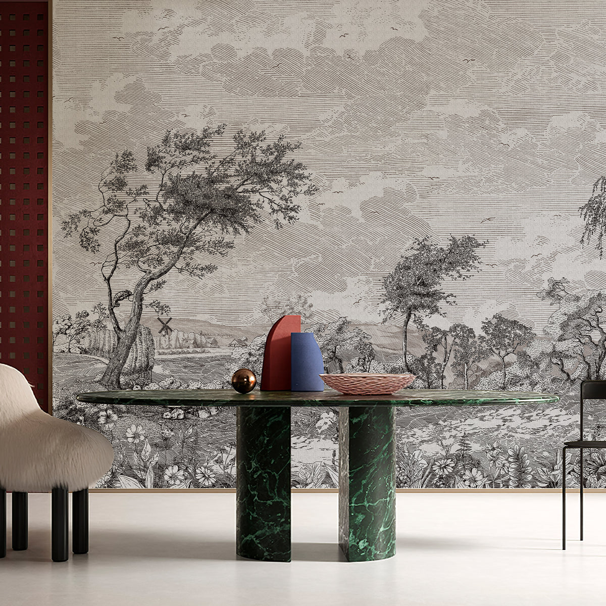 Vintage Susuno Jungle Gray Wallpaper Mural before after, grey scenic landscape wall mural for modern living room